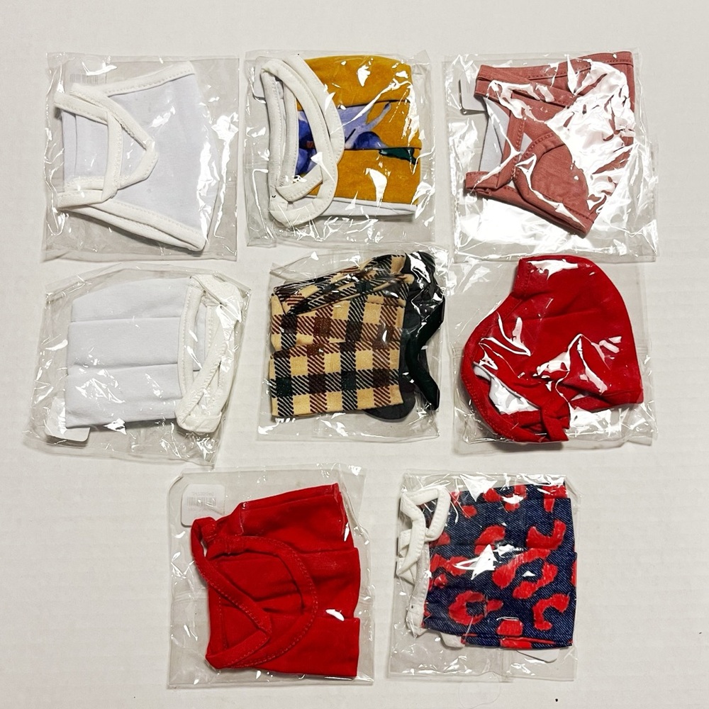 Eight (8) Cloth Face Masks NEW in Packaging- Various Colors, Styles & Patterns